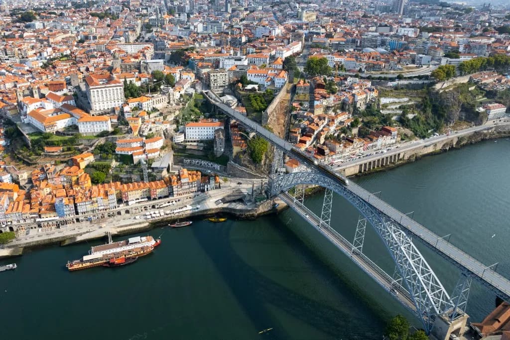 Aerial view of Dom Luís I Bridge, Ribeira and the Douro River in Porto, Portugal