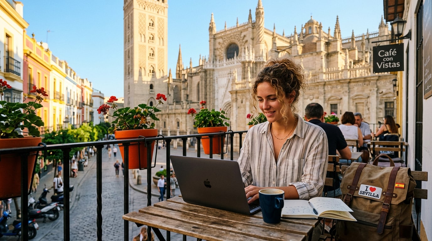 Digital nomad working remotely from Seville with laptop near a traditional street