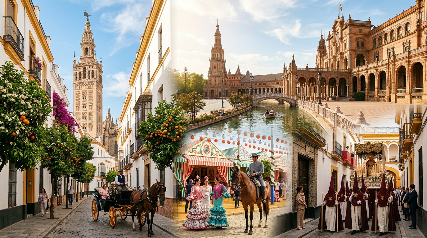 Seville landmarks and festivals including Plaza de España, Giralda, Feria de Abril and Semana Santa