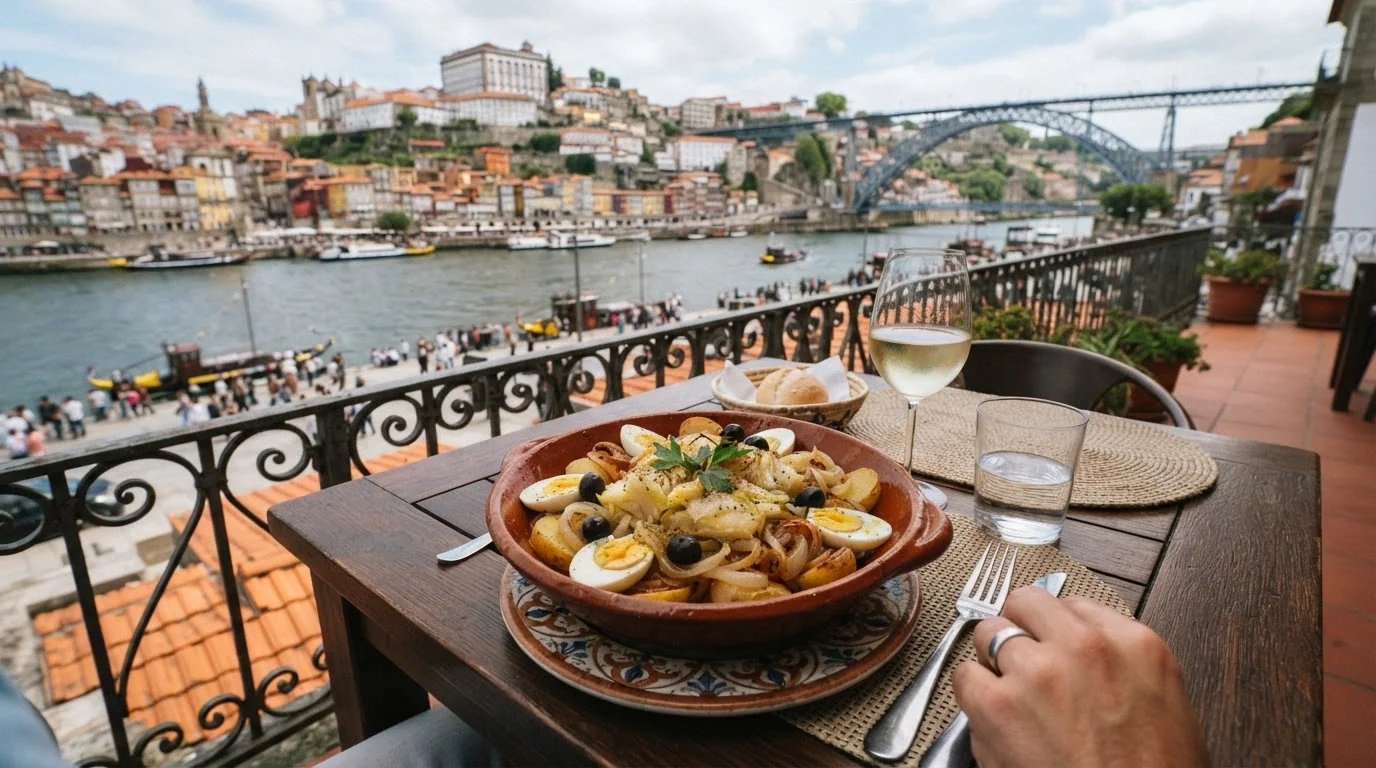 Traditional bacalhau dish served with potatoes, eggs and olives overlooking the Douro River in Porto