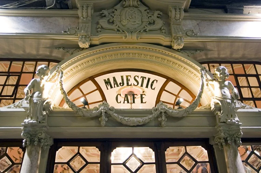 Ornate Art Nouveau entrance of Café Majestic in Porto