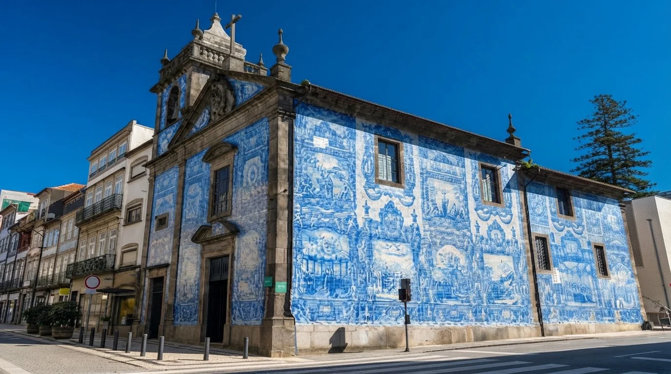 Capela das Almas, also known as Chapel of Souls, covered in blue-and-white azulejo panels in Porto