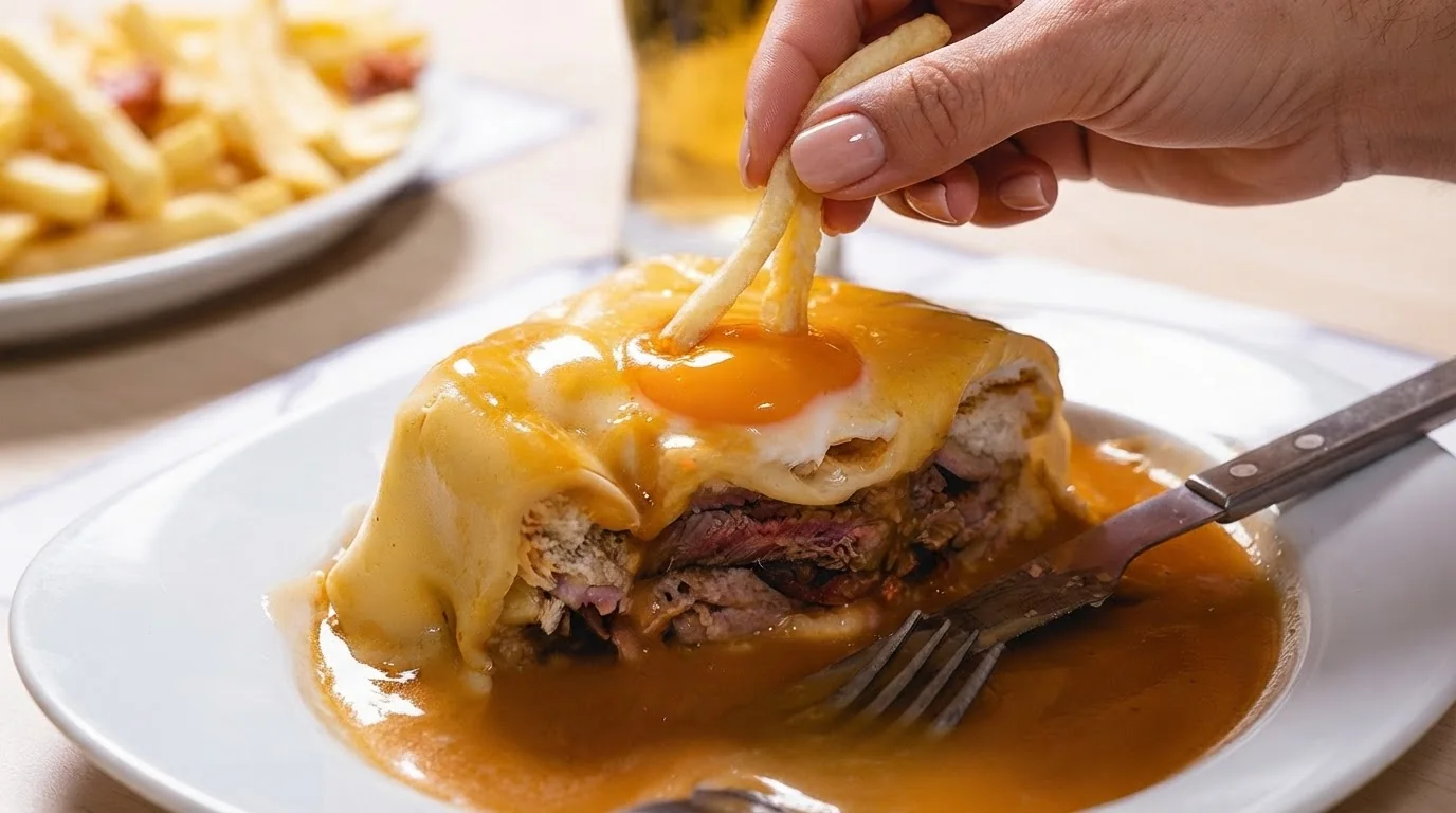 Francesinha sandwich in Porto topped with melted cheese and an egg, served in rich sauce with fries