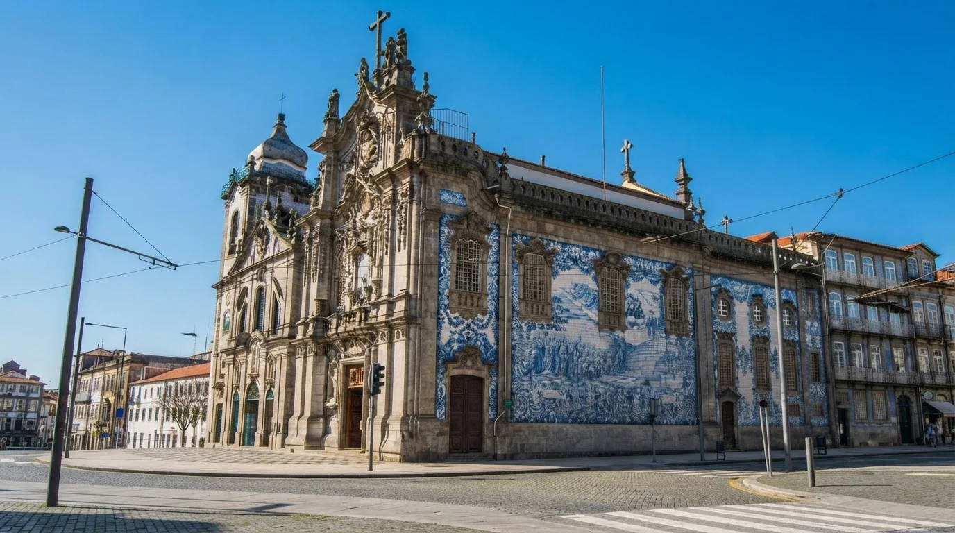 Igreja do Carmo, also known as Carmo Church, with its ornate Baroque façade and blue-and-white azulejo tile panel in Porto