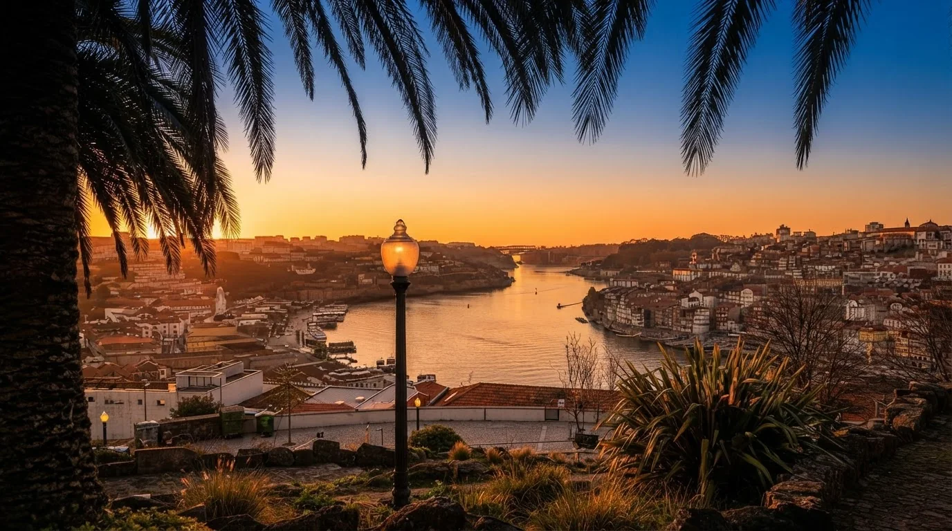 Sunset over the Douro River and Porto skyline from Jardim do Morro