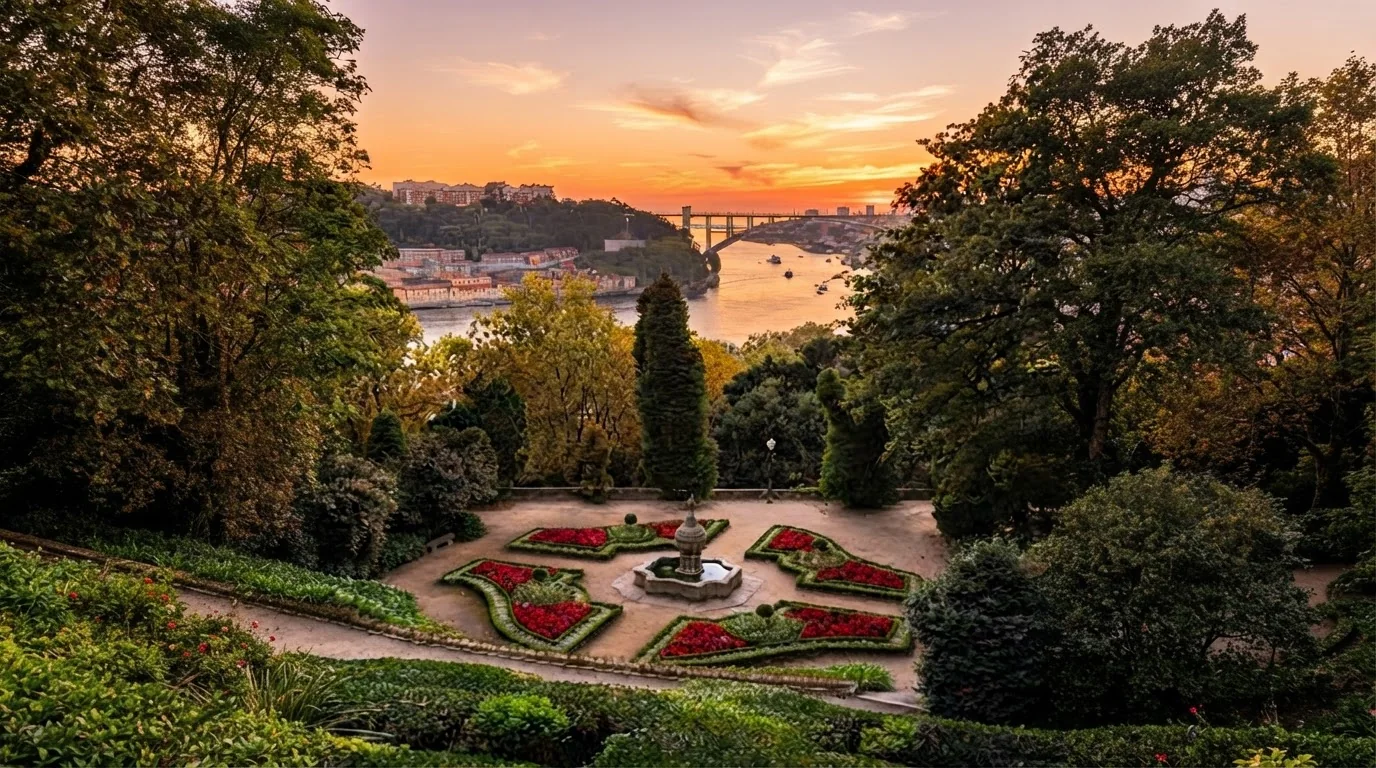 Sunset view from Jardins do Palácio de Cristal over the Douro River and Arrábida Bridge in Porto