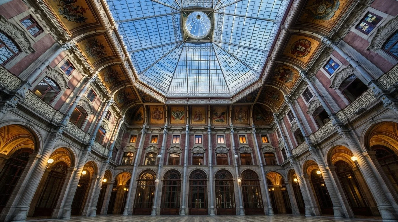 Grand glass-roofed interior courtyard of Palácio da Bolsa in Porto