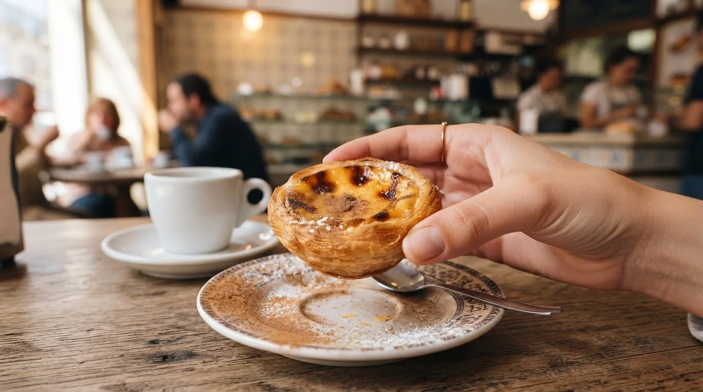 Fresh pastel de nata held above a coffee table in a Porto café