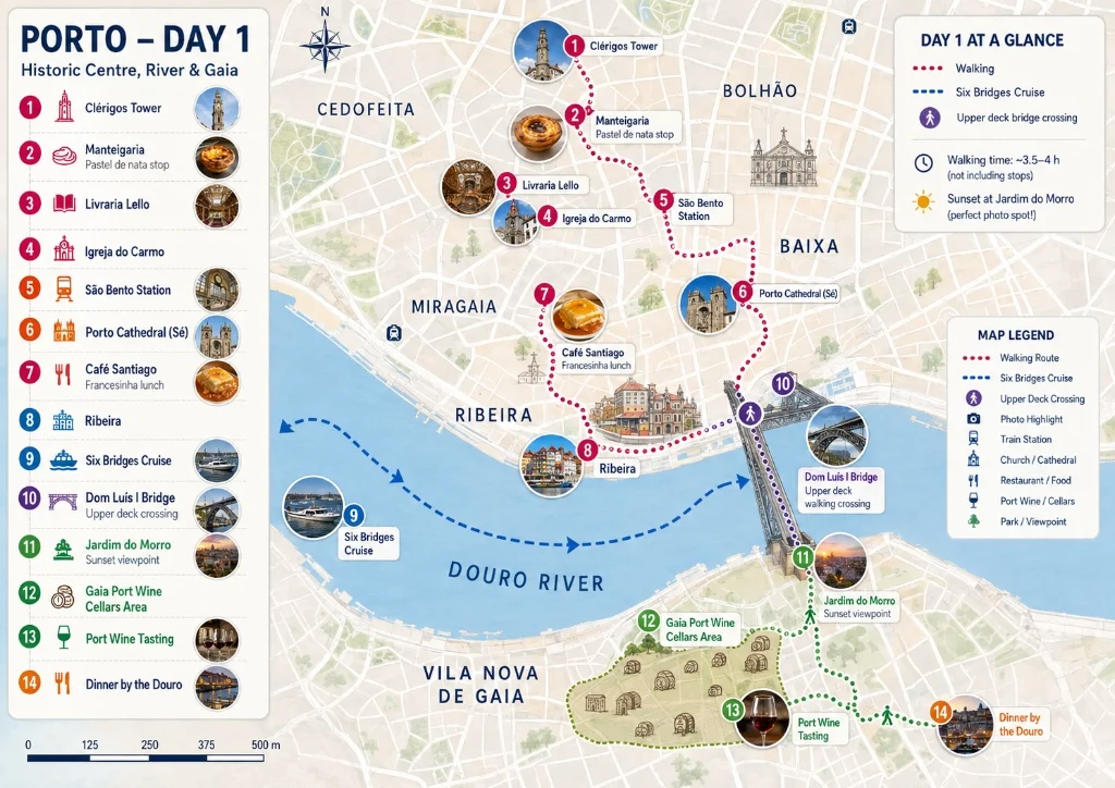 Day 1 Porto itinerary map covering Clérigos Tower, Livraria Lello (Lello Bookstore), São Bento, Ribeira, Dom Luís I Bridge, and Gaia
