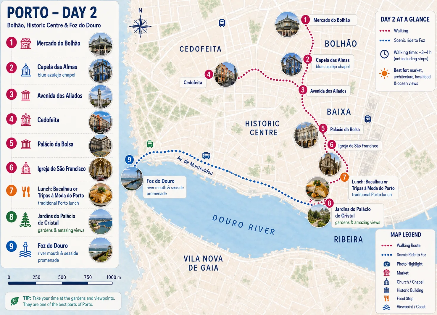 Day 2 Porto itinerary map covering Mercado do Bolhão (Bolhão Market), Capela das Almas (Chapel of Souls), Avenida dos Aliados, Cedofeita, Palácio da Bolsa (Bolsa Palace), Igreja de São Francisco, Jardins do Palácio de Cristal, and Foz do Douro