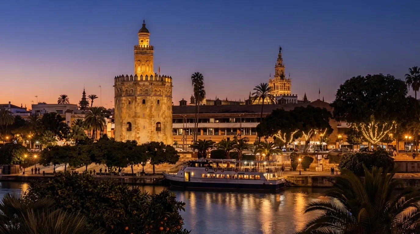 Evening Guadalquivir cruise passing Torre del Oro in Seville