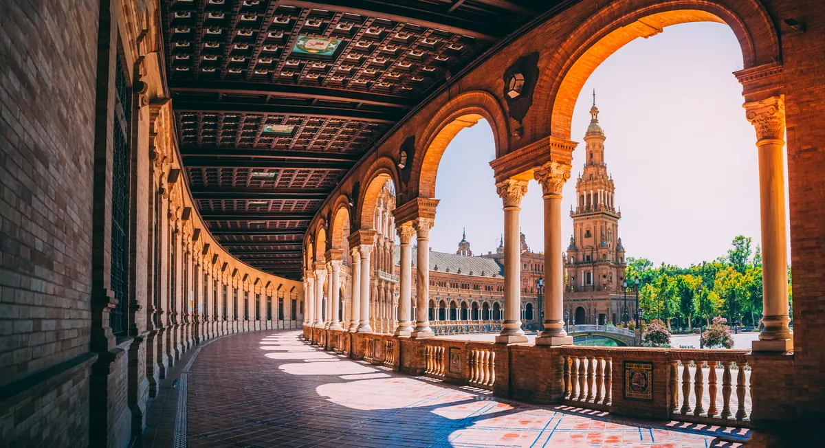 Plaza de España in Seville with tiled bridges and canal