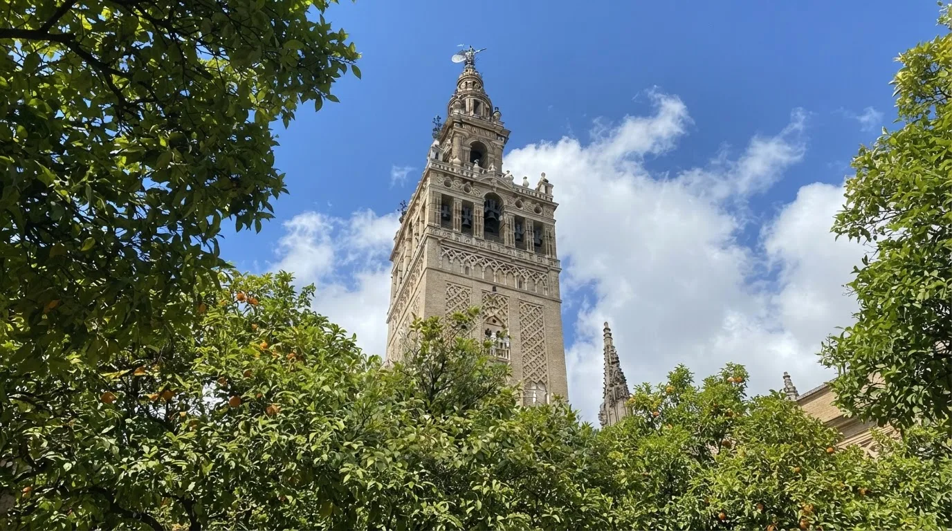 La Giralda tower rising above orange trees in Seville