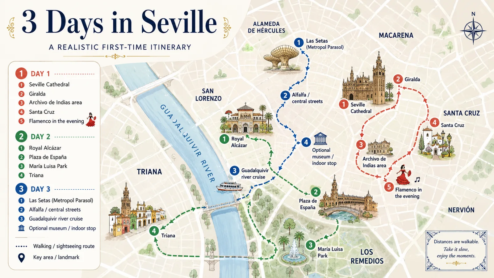 Illustrated map showing a realistic three-day Seville itinerary