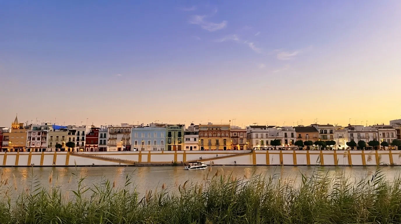 Triana across the Guadalquivir River at sunset in Seville
