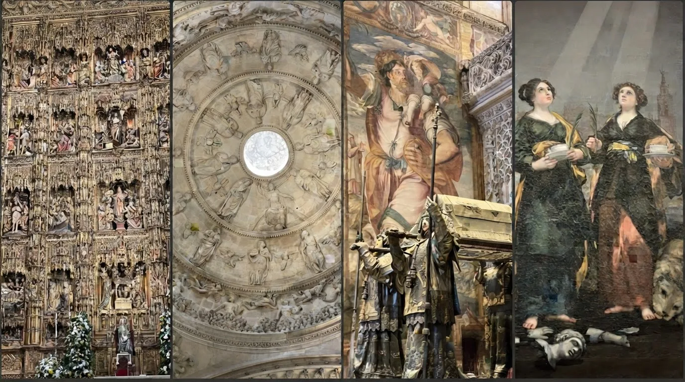 Collage of artworks and architectural details inside Seville Cathedral